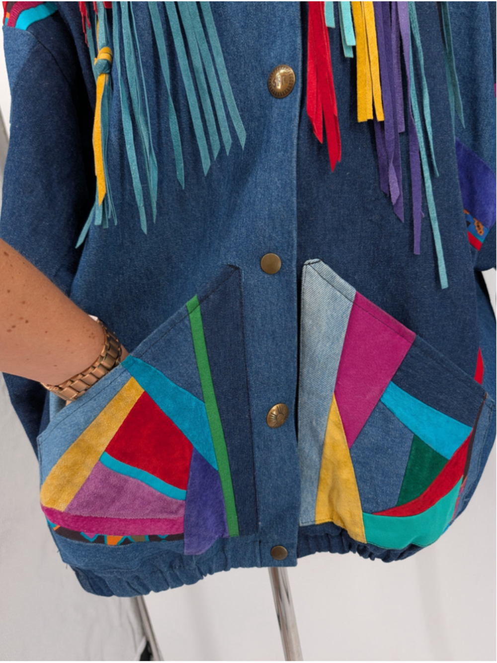 Vtg 90s Santa Fe Re-Creations L Mixed-Media Denim Suede Fringe Patchwork Jacket - Picture 11 of 16